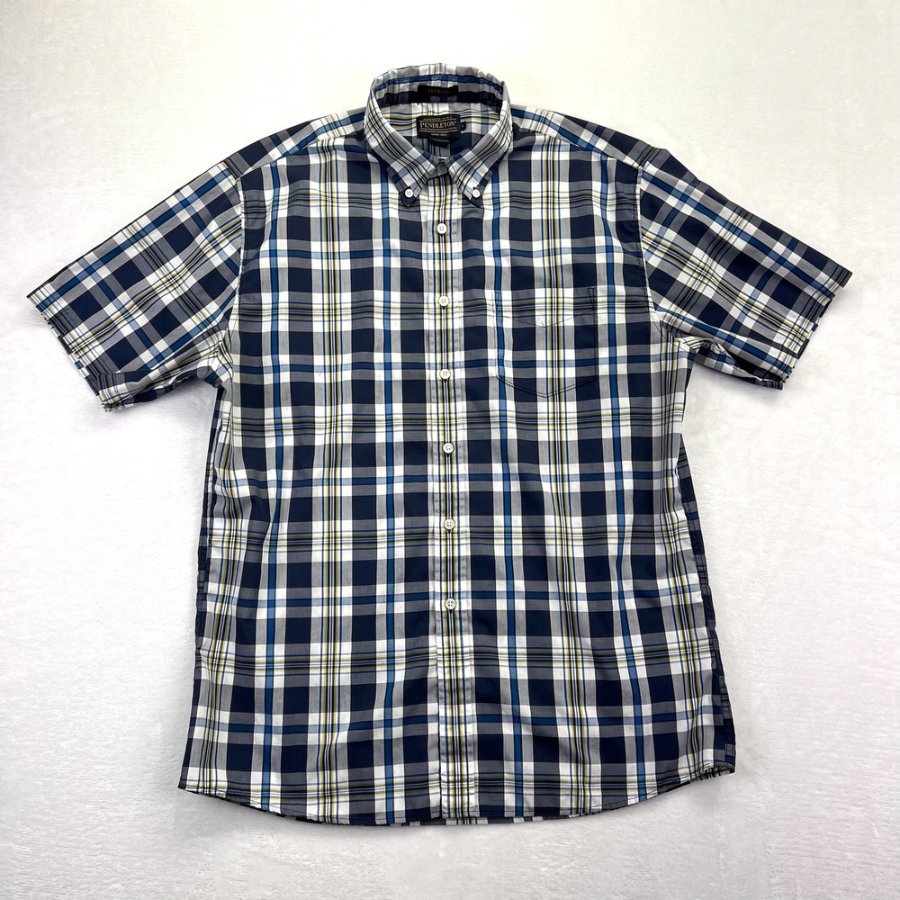 Pendleton Fremont Shirt Mens Large Blue White Plaid Cotton Short‎ Sleeve